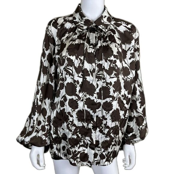 Khaite Women's Size S Brown Frances Floral Peasant Blouse Sliky Cupra Modern Top